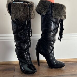 Roger Vivier Black Knee-High Boots with Faux Fur Trim